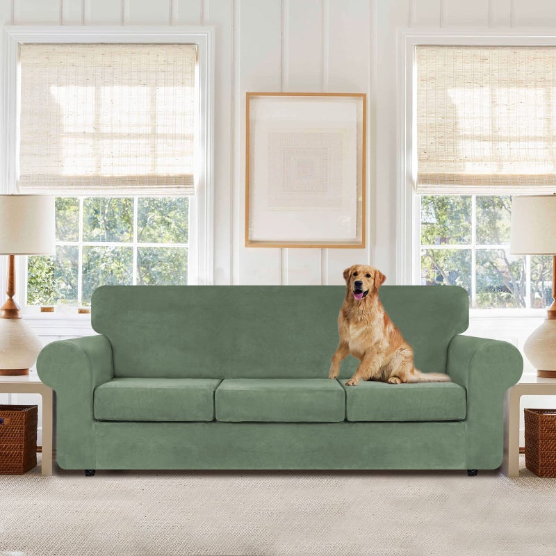 WEERRW 4 Pieces Velvet High Stretch Couch Covers for 3 Cushion Couch Sofa Slipcovers, Washable Furniture Protector with Non Slip Elastic Bottom, Feature Soft Plush Fabric, Greyish Green, Large - Image 2