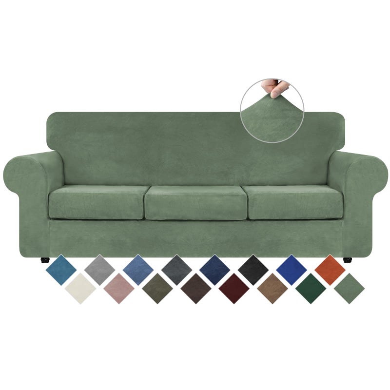 WEERRW 4 Pieces Velvet High Stretch Couch Covers for 3 Cushion Couch Sofa Slipcovers, Washable Furniture Protector with Non Slip Elastic Bottom, Feature Soft Plush Fabric, Greyish Green, Large - Image 1