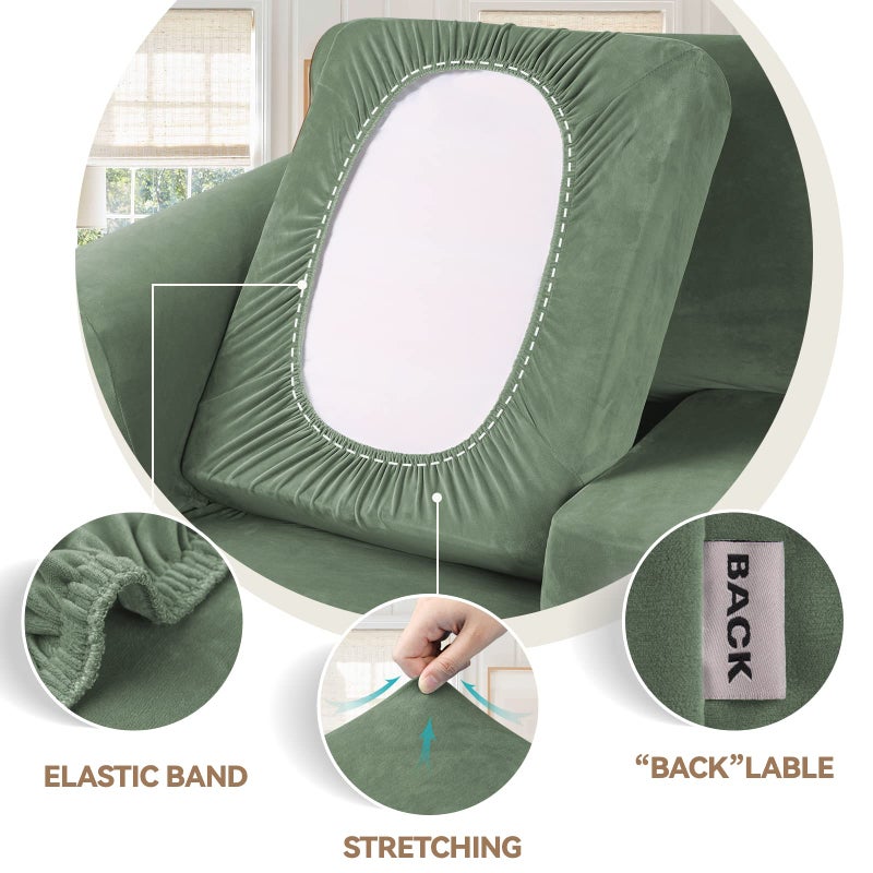 WEERRW 4 Pieces Velvet High Stretch Couch Covers for 3 Cushion Couch Sofa Slipcovers, Washable Furniture Protector with Non Slip Elastic Bottom, Feature Soft Plush Fabric, Greyish Green, Large - Image 3