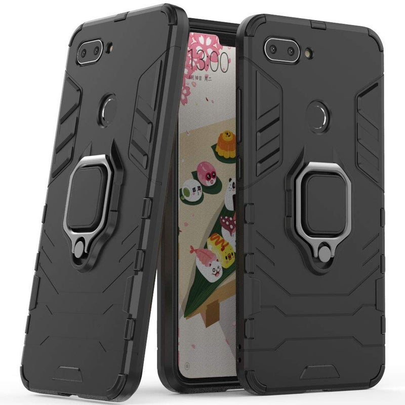 MaiJin حافظة MaiJin متوافقة مع Xiaomi Mi 8 Lite مع حلقة معدنية وجراب واقي للصدمات وقاعدة دعم صلبة تعمل مع حامل السيارة المغناطيسي غلاف مزدوج الطبقات متين لـ Xiaomi Mi8 Lite باللون الأسود