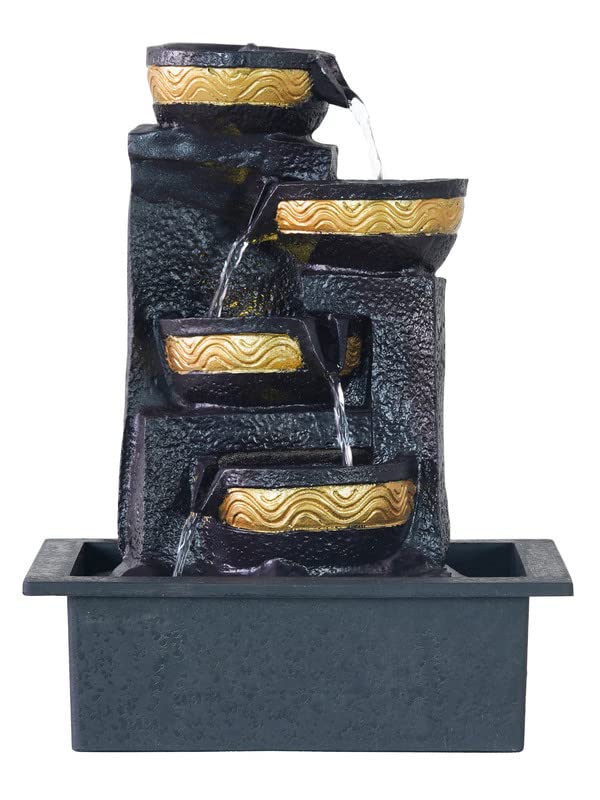 CHRONIKLE Polyresin Tabletop Chocolate Color Designer Indoor 4 Diya Steps Waterfall Fountain for Home Decor with Yellow LED Light Speed Controller Pump Size 38 x 295 x 22CM Wt 2000grm