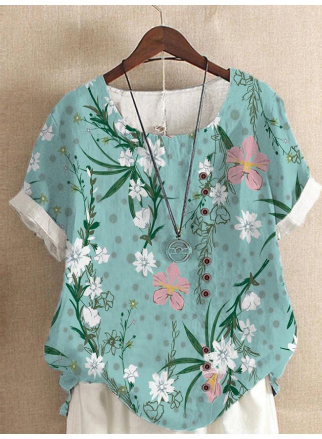VUELO Summer Vintage Cotton And Linen Fashion Printed Loose Casual Shirt Short-sleeved T-shirt For Women