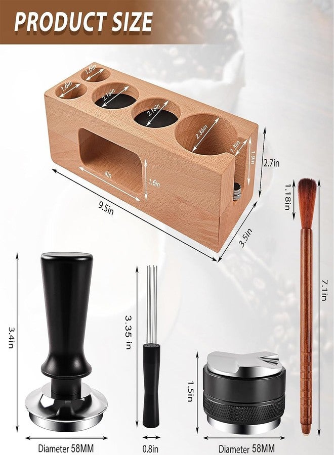 Sesama Espresso Accessories Kit 5-PCS Including Wooden Portafilter Station Organizer | 58MM Coffee Distributor | 58MM Tamper Press | WDT Stirrer Needle | Coffee Mat Brush, Multipurpose Espresso Tools - Image 2