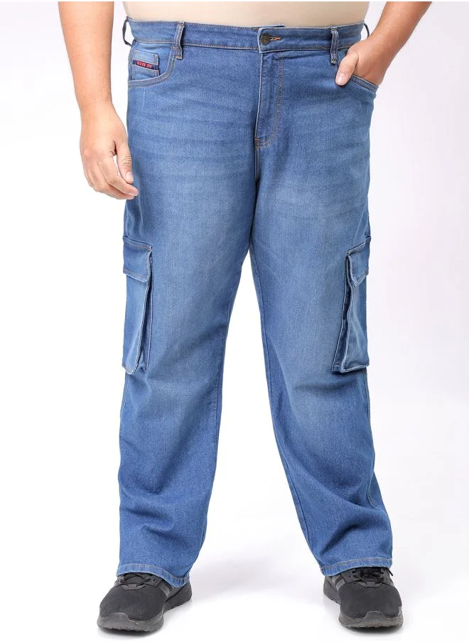 HARDSODA Men Plus Size Baggy Fit Solid Mid-Rise Stretchable Cargo Denims