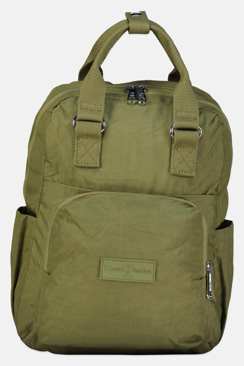 I Love Fashion Women Brand Logo Backpack, Olive - Image 1