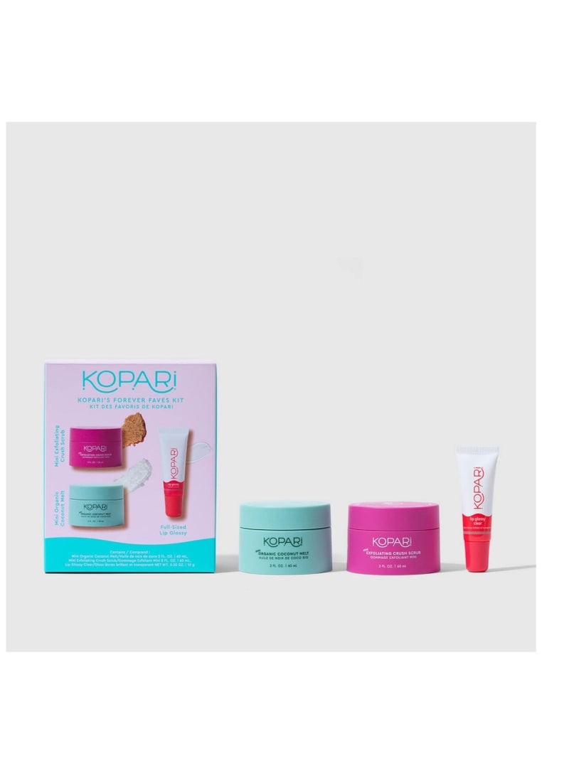 Kopari Forever Faves Bundle | Mini Organic Coconut Melt, Exfoliating Mini Coconut Crush Scrub, Clear Moisturizing Lip Glossy | Body and Lip Kit to Soothe and Hydrate Dry Skin | Cruelty Free, Vegan - Image 1