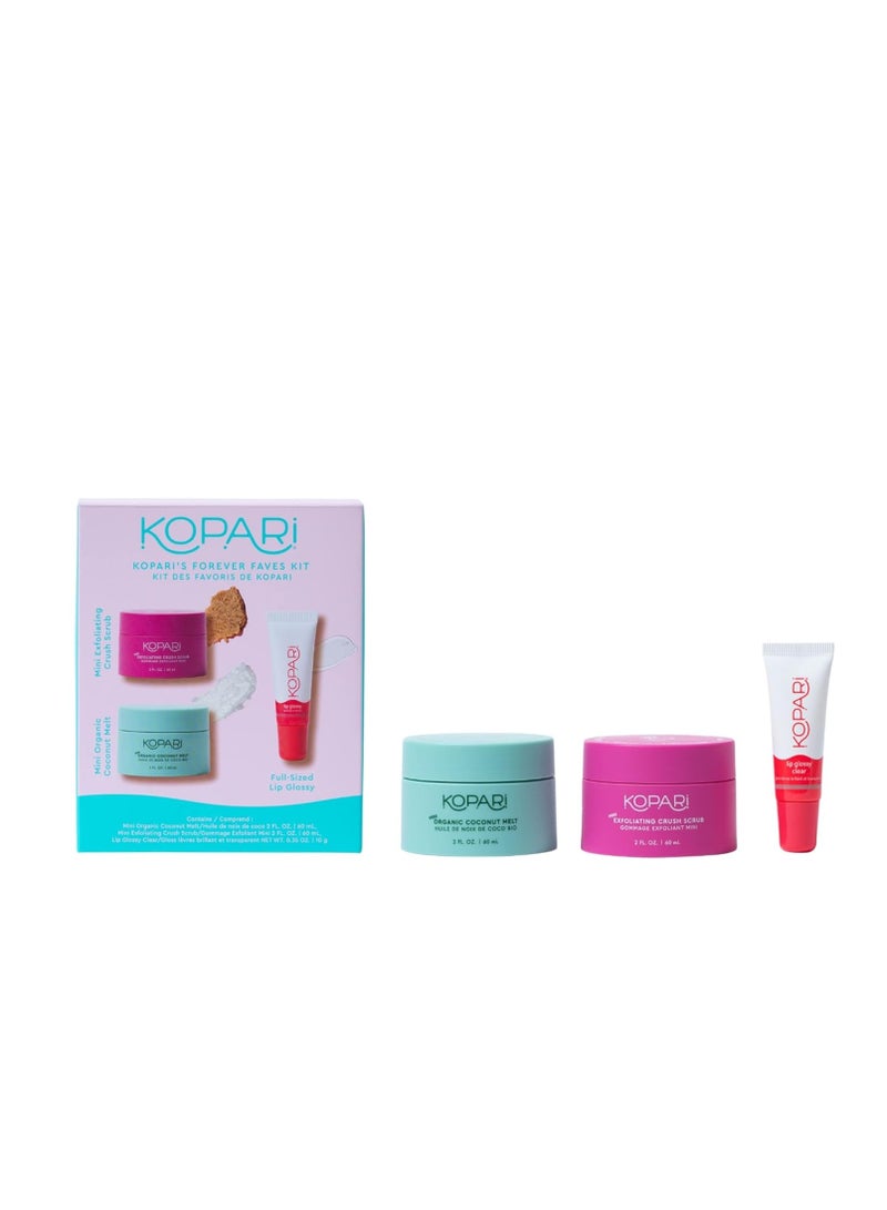 Kopari Forever Faves Bundle | Mini Organic Coconut Melt, Exfoliating Mini Coconut Crush Scrub, Clear Moisturizing Lip Glossy | Body and Lip Kit to Soothe and Hydrate Dry Skin | Cruelty Free, Vegan - Image 2
