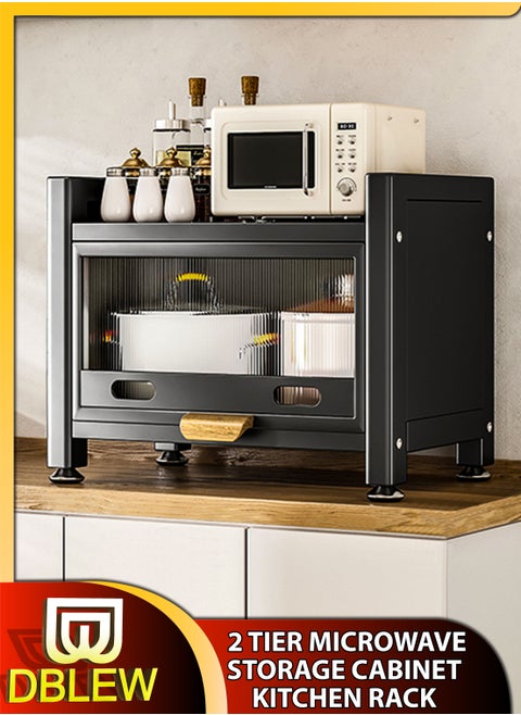 2 Tier Microwave Countertop Rack Single Oven Storage Cabinet Dustproof Shelves Multifunctional Bowl Plates Spoons Knives Cutlery Kitchen Utensils Organiser Shelf