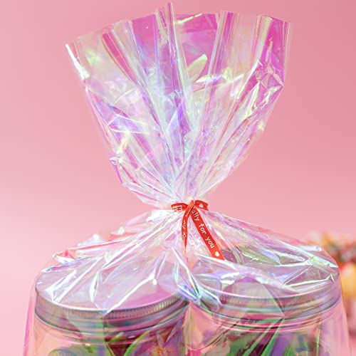 Ctoiotc Easter Cellophane Treat Bags, Iridescent Holographic Candy Goodie Bags with 5 Colors Pieces Twist Ties for Birthday Party Favors, Easter, Weddings, Christmas, Valentines - Image 4