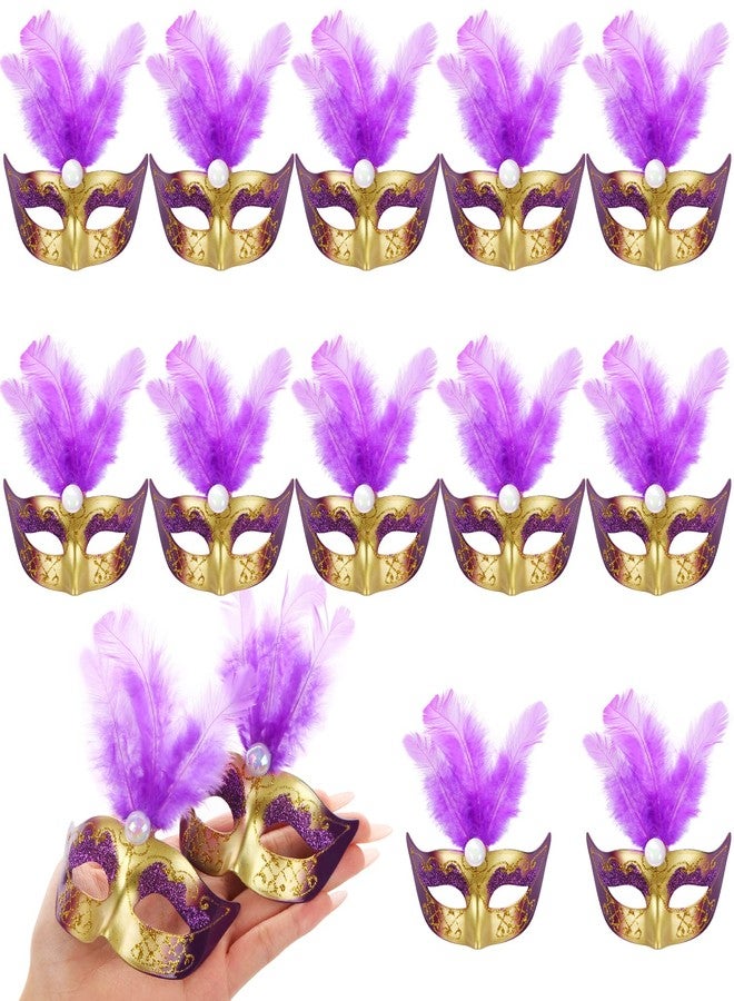 MIKIMIQI 12 Mini Mardi Gras Masks, Small Feather Eye Masks for Women - Bulk Pack for Mardi Gras Decorations & Party Costumes (Purple) - Image 1