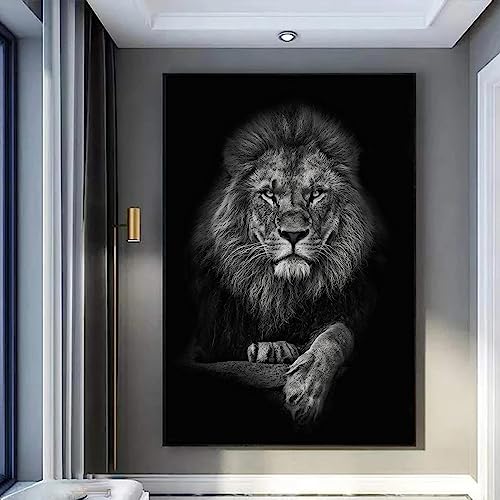 Wallvelart فن الجدران من قماش أسود وأبيض لرأس أسد - لوحات حيوانات - صور أسد - فن الجدران الأسود والأبيض - ملصقات أسد - أعمال فنية من قماش - صور حيوانات برية - ديكور الجدران 16x24 بوصة بدون إطار - Image 1