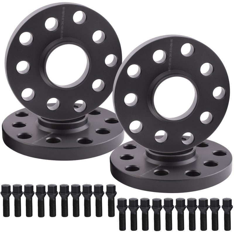 DCVAMOUS 4PC أسود 5x100 أو 5x112 فواصل العجلات المركزية 15 مم مع ثقب محور 571 مم مسامير ممتدة 14x15 40 مم مقعد مخروطي متوافق مع أودي وفولكس فاجن A3 A4 A6 A8 S4 S6 S8 جولف جيتا باسات