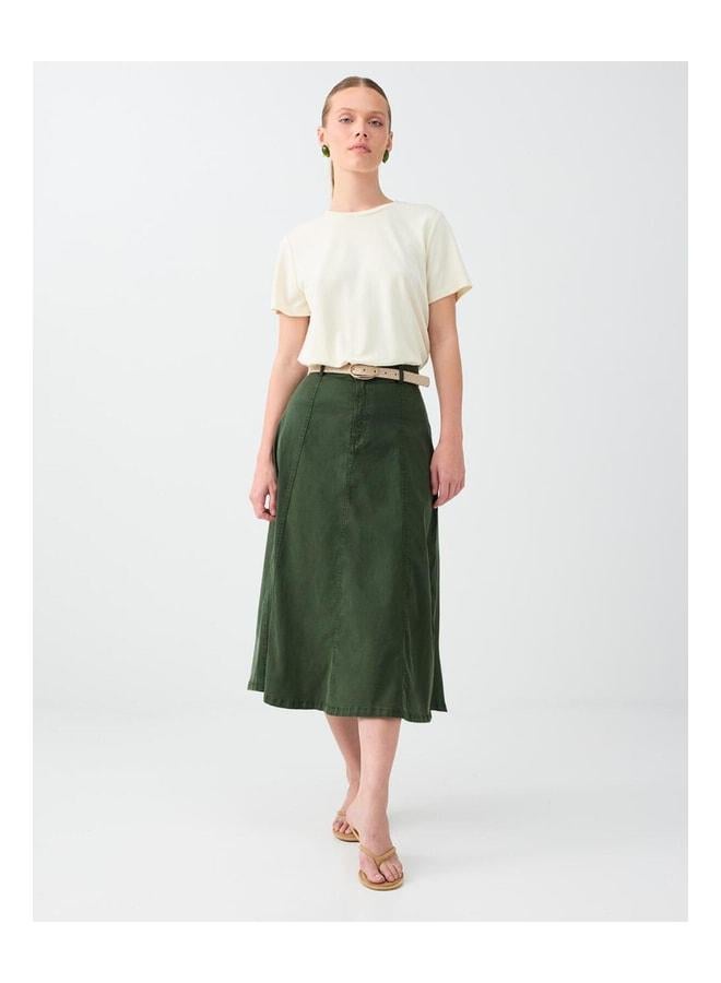 Jimmy Key Khaki Waist Zippered Cotton Linen Midi Skirt - Image 2