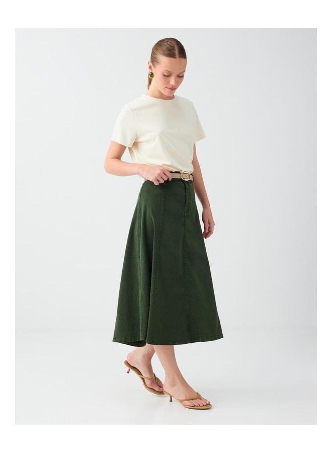 Jimmy Key Khaki Waist Zippered Cotton Linen Midi Skirt - Image 3