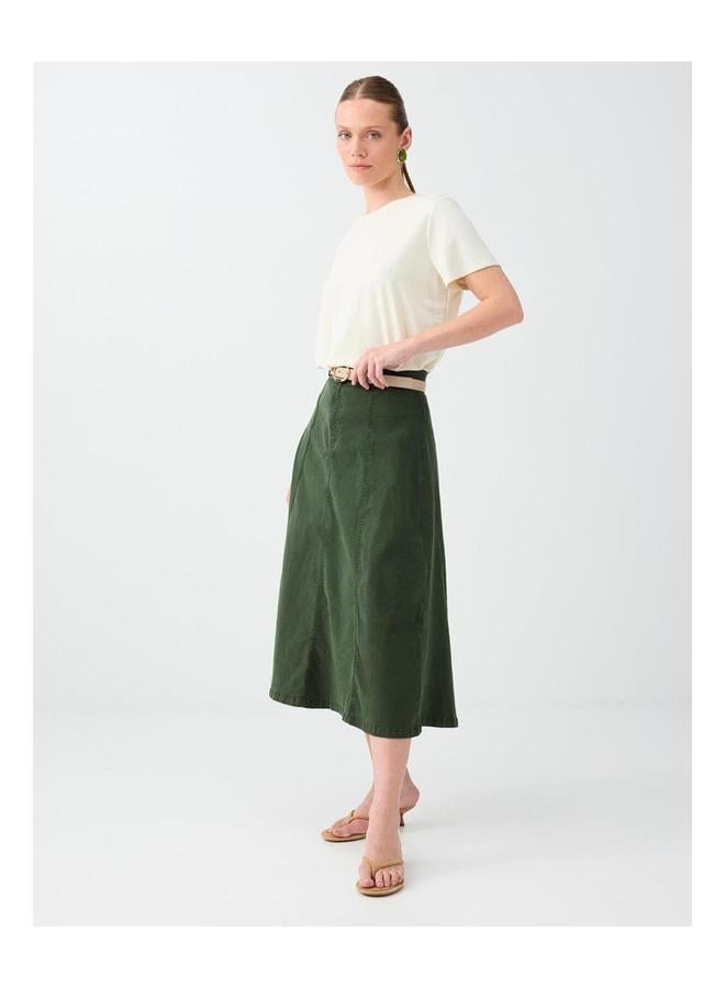 Jimmy Key Khaki Waist Zippered Cotton Linen Midi Skirt - Image 1