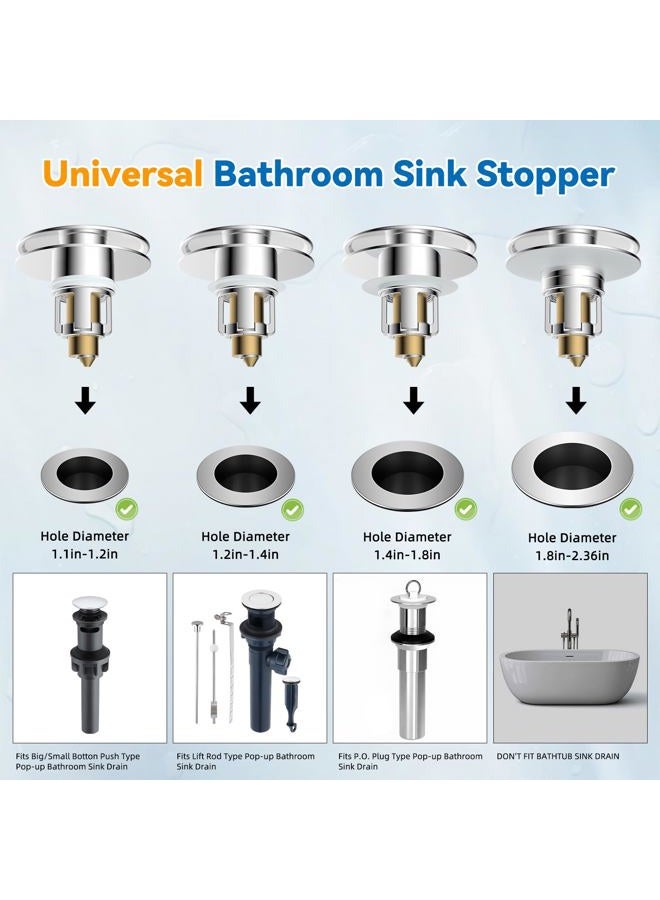 iFealClear Universal Bathroom Sink Stopper, Metal Pop Up Sink Drain Strainer with Hair Catcher Basket, Fits 1.1"-2.3" US Basin, Wash Basin Drain Plug with Large Cover Cap, Brass Bounce Core, Chrome - Image 4