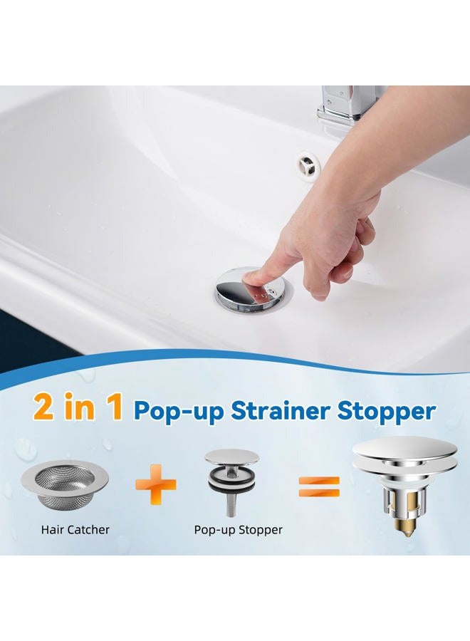 iFealClear Universal Bathroom Sink Stopper, Metal Pop Up Sink Drain Strainer with Hair Catcher Basket, Fits 1.1"-2.3" US Basin, Wash Basin Drain Plug with Large Cover Cap, Brass Bounce Core, Chrome - Image 2