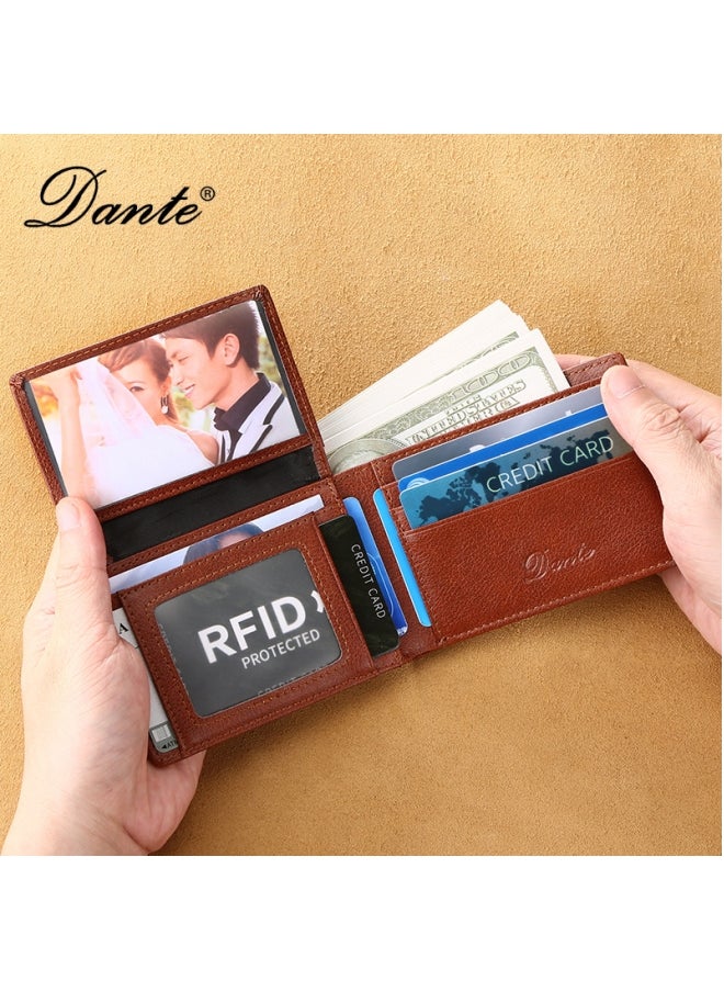 Dante Cowhide Wallet Thin RFID Anti-theft Card Swipe Driver's License Coin Purse Horizontal Yellow Brown (First Layer Cowhide)  - Image 2