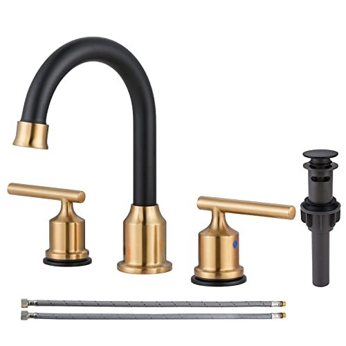 WOWOW 3 Hole Bathroom Faucet Widespread Bathroom Sink Faucet with Pop Up Drain Stopper Vanity Faucet 2 Handle Basin Taps Black and Gold Mixer Tap with Supply Hoses - Image 1