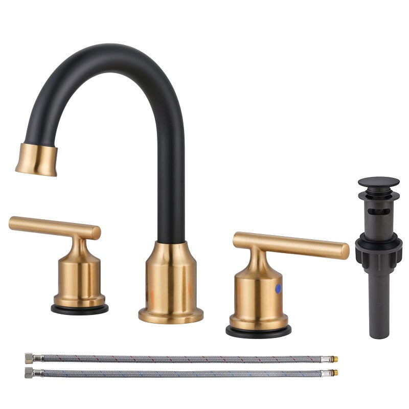 WOWOW 3 Hole Bathroom Faucet Widespread Bathroom Sink Faucet with Pop Up Drain Stopper Vanity Faucet 2 Handle Basin Taps Black and Gold Mixer Tap with Supply Hoses - Image 2
