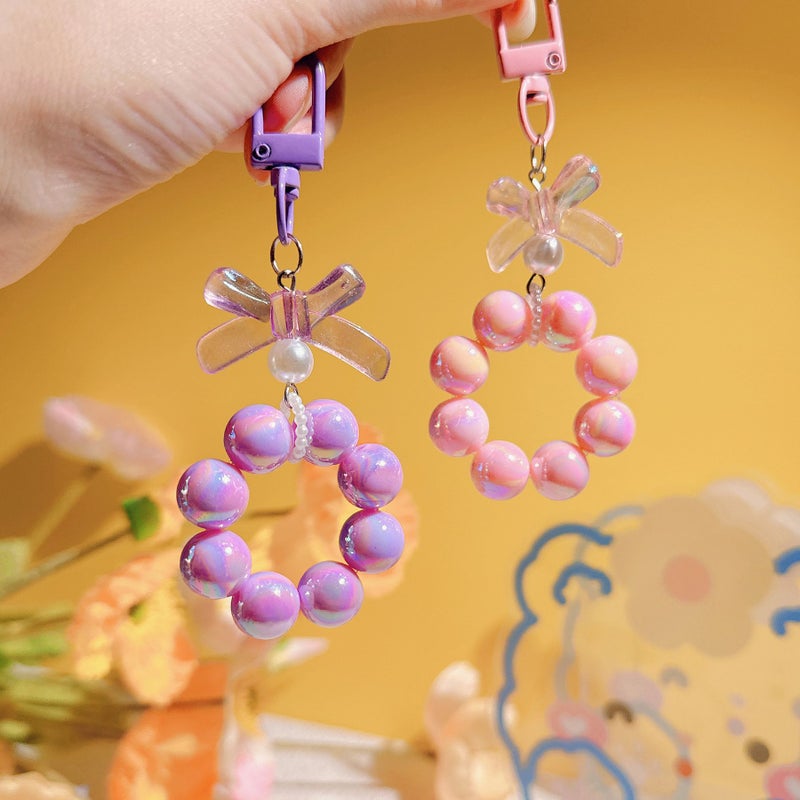 Paint small door electroplating beaded bow cute candy color buckle pearl accessories bag decoration car keychain pendant - Image 2