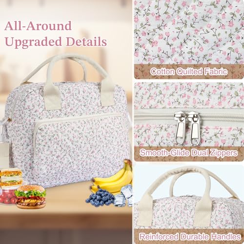 WOBAGMEN Quilted Lunch Box for Women, Insulated Lunch Bag for Adult,Cute Lunch Tote Bags for Work Picnic Travel(Pink Floral,M) - Image 3