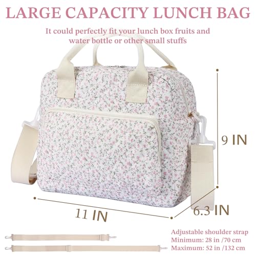 WOBAGMEN Quilted Lunch Box for Women, Insulated Lunch Bag for Adult,Cute Lunch Tote Bags for Work Picnic Travel(Pink Floral,M) - Image 2