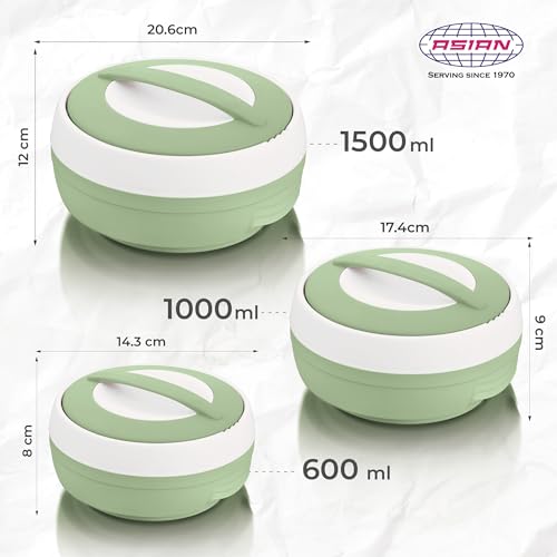 ASIAN Plastic Casserole Inner Stainless Steel Casserole Gift Set of 3 (600 ml, 1000 ml, 1500 ml), (Pestal Green) | PU Insulated | BPA Free | Food Grade | Hot & Cold | Easy to Carry - Image 3
