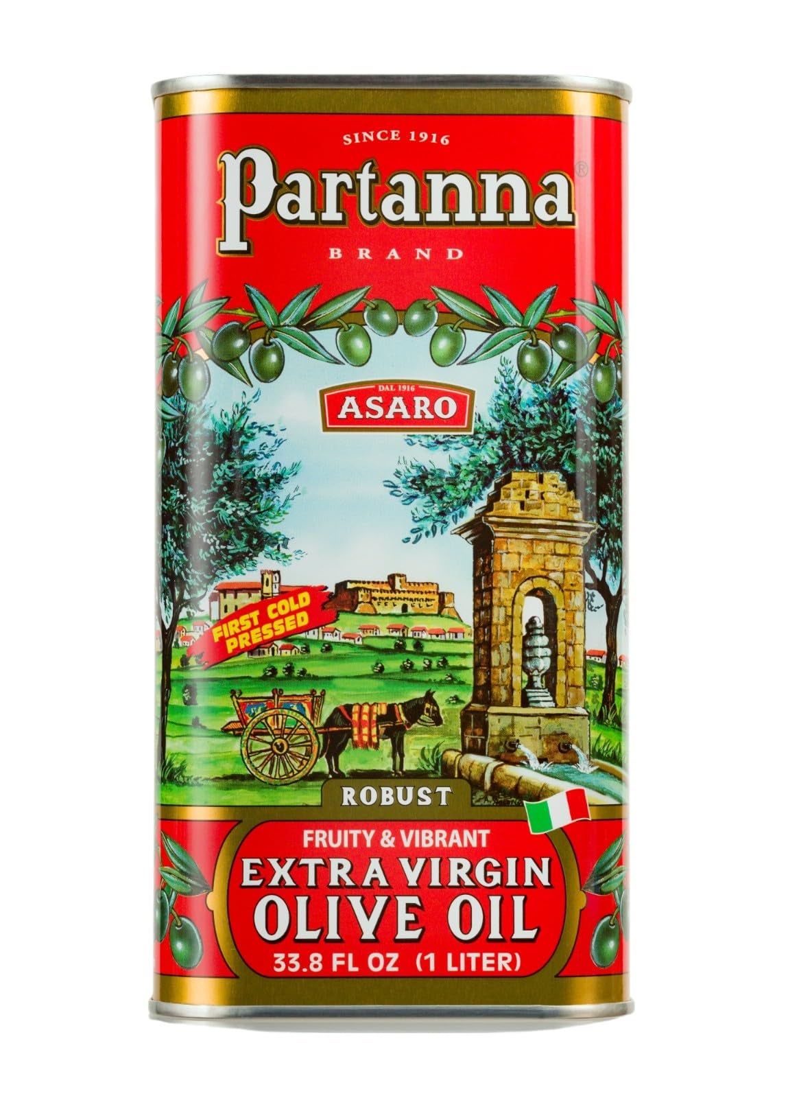 Partanna Robust Extra Virgin Olive Oil - Premium Castelvetrano Oil - Harvested in Sicily - Pure Authentic Italian - Monovarietal - Rich in Flavor - First Cold Pressed - 33.8 fl oz (1 L) Tin