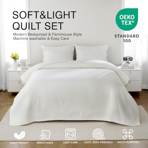 DAWNDIOR Max Oversized California King Quilt Set 112x106Soft Washed Lightweight BedspreadMultiLock QuiltingMinimalist Nordic Bedding Spring Summer Quilt Set 1 Quilt 2 Pillow Shams Cream White - Image 3