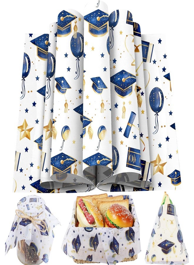 Fabllewavi 150 Sheets Graduation Wax Paper for Food Deli, 9.8 x 8.3'' Watercolor Graduate Caps Balloons Scrolls Stars Greaseproof Deli Sheets for Sandwich Picnic Basket Liner Graduation Party Supplies - Image 1