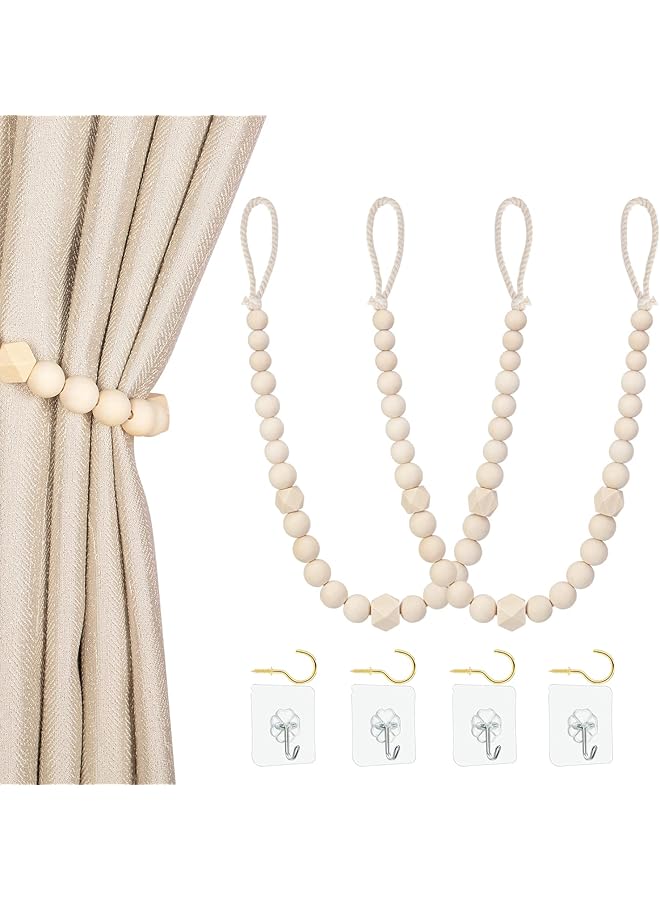 The Bros Wood Bead Curtain Tiebacks, Set of 2 Curtain Holdbacks for Thin or Thick Window Draperies, Boho Farmhouse Curtain Tiebacks with Hooks, Curtain Tie Backs for Home Office Room Decor  - Image 1