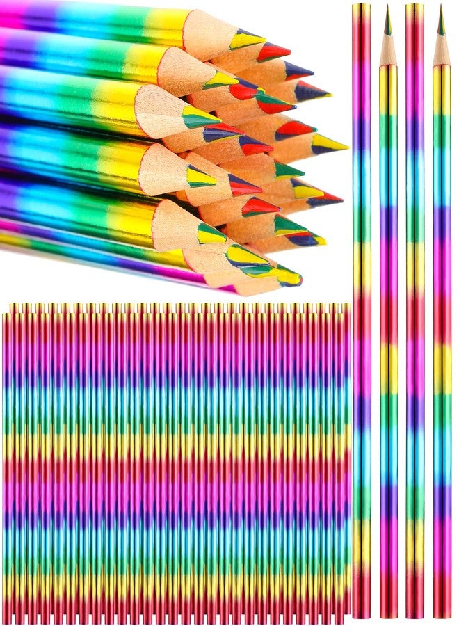 Fainne 96 Pieces Rainbow Colored Pencils 4 Color in 1 Rainbow Wooden Pencil for Kids, Art Supplies, Reward Gifts for Students(Holographic Type) - Image 1