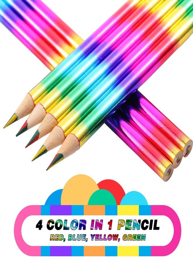 Fainne 96 Pieces Rainbow Colored Pencils 4 Color in 1 Rainbow Wooden Pencil for Kids, Art Supplies, Reward Gifts for Students(Holographic Type) - Image 2