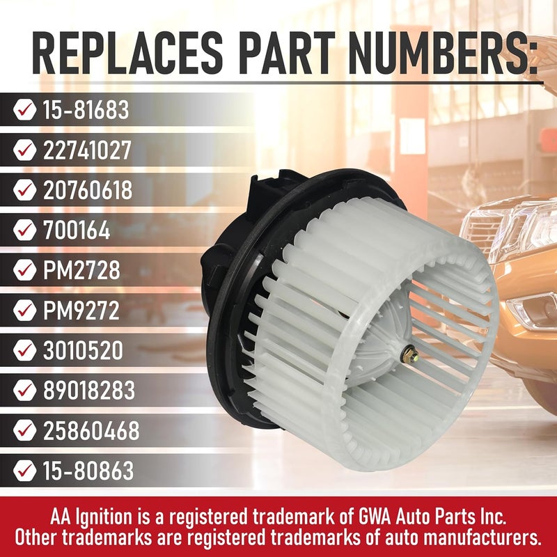 AA Ignition AC Heater Blower Motor - Compatible with Chevy, GMC & Other GM Vehicles - Silverado, Tahoe, Avalanche, Suburban, Escalade, Sierra, Yukon, H2 - Replaces 15-81683, 22741027, 20760618, 700164 - ATC - Image 3