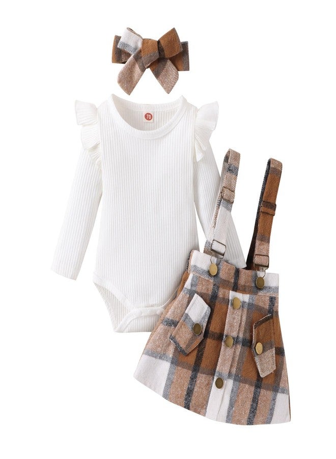 Douhoow Infant Girl Fall Outfits Baby Girl Romper Plaid Suspender Dress Skirt with Headband 3Pcs Festival Clothes (White, 12-18 Months) - Image 1