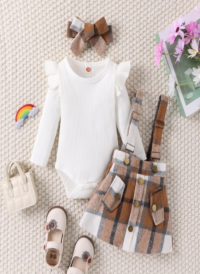 Douhoow Infant Girl Fall Outfits Baby Girl Romper Plaid Suspender Dress Skirt with Headband 3Pcs Festival Clothes (White, 12-18 Months) - Image 2