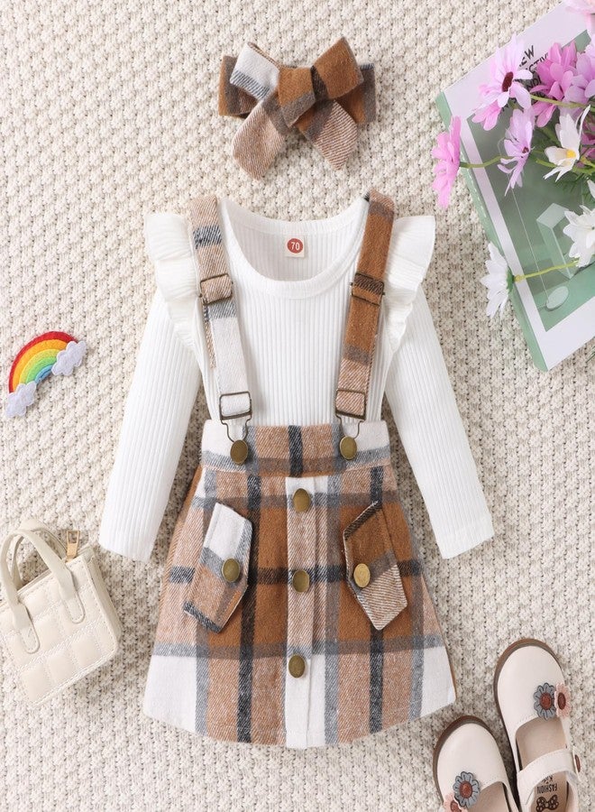 Douhoow Infant Girl Fall Outfits Baby Girl Romper Plaid Suspender Dress Skirt with Headband 3Pcs Festival Clothes (White, 12-18 Months) - Image 3