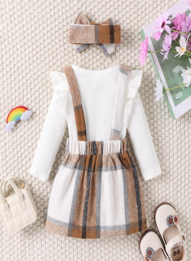 Douhoow Infant Girl Fall Outfits Baby Girl Romper Plaid Suspender Dress Skirt with Headband 3Pcs Festival Clothes (White, 12-18 Months) - Image 4