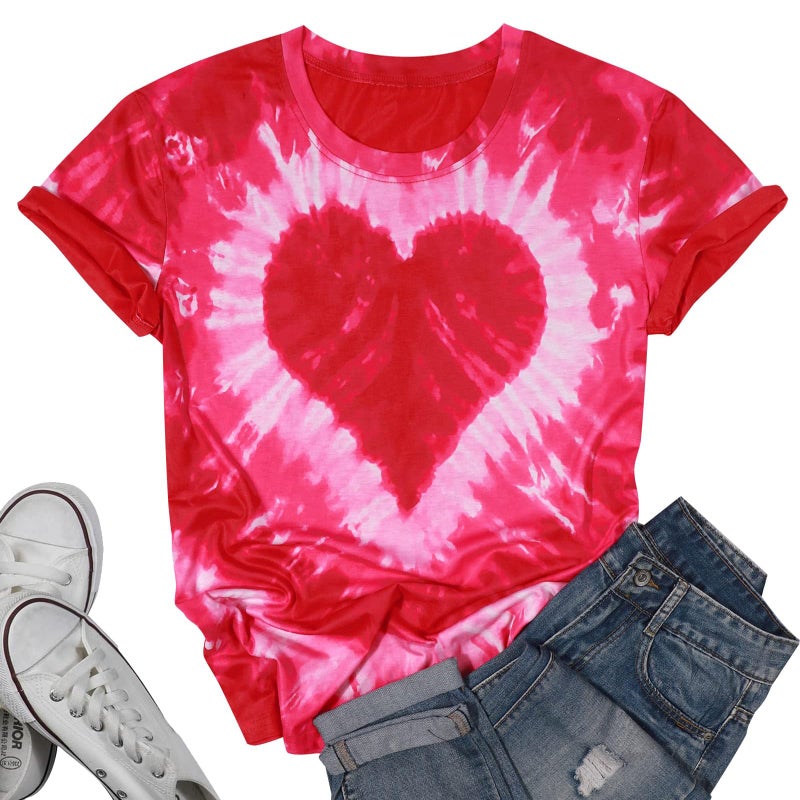 FASHGL Valentines Shirts for Women Tie Dye Heart T Shirt Valentine's Tee Shirt Casual Lover Short Sleeve Tops Pink - Image 1