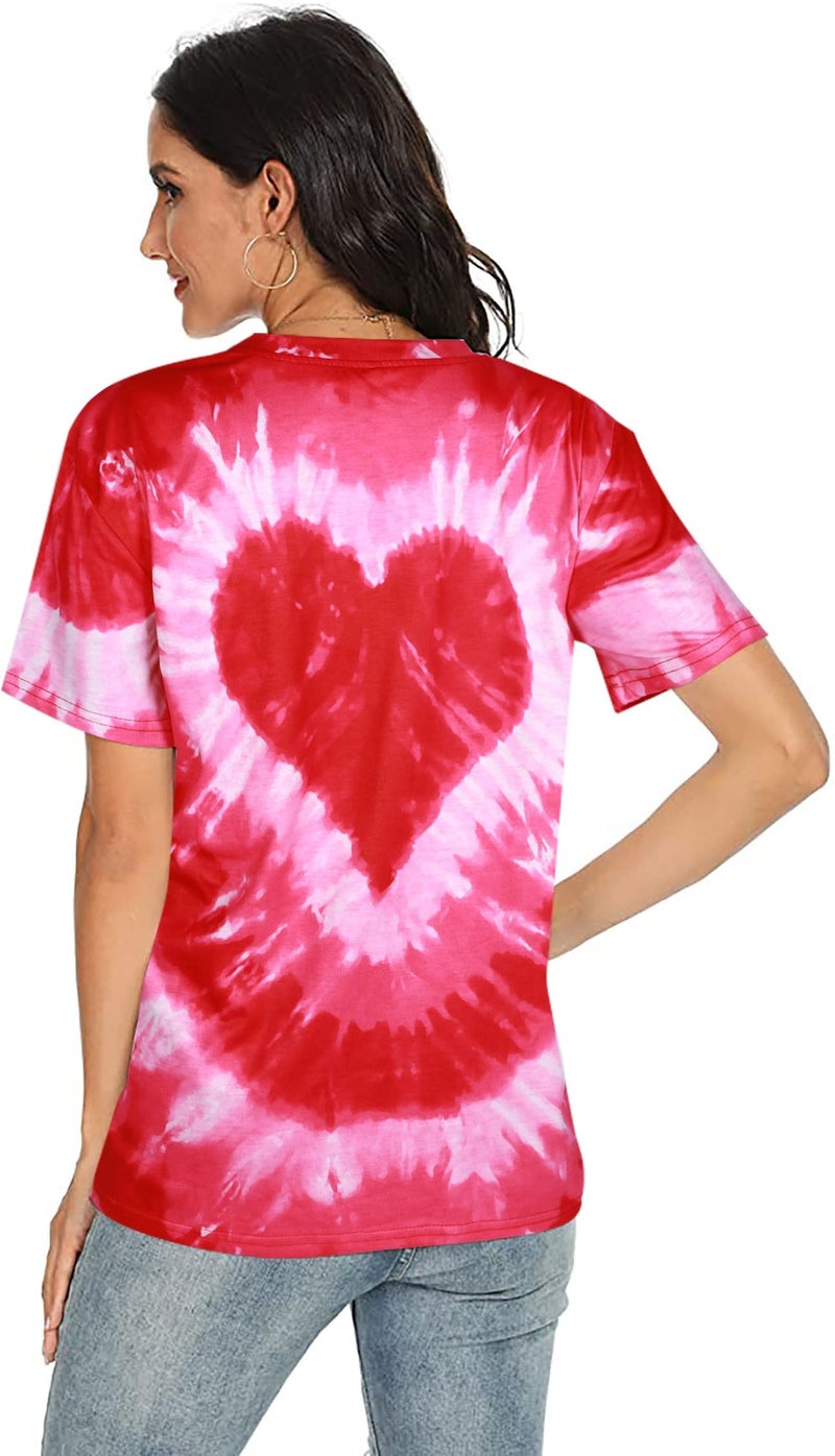 FASHGL Valentines Shirts for Women Tie Dye Heart T Shirt Valentine's Tee Shirt Casual Lover Short Sleeve Tops Pink - Image 3