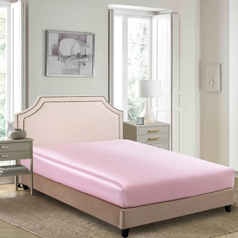 Luxbedding Satin Fitted Sheet  King Fitted Sheet Only  1 - Piece Ultra Soft Deep Pocket Single Silk Bottom Bed Sheet King - Pink  - Image 2