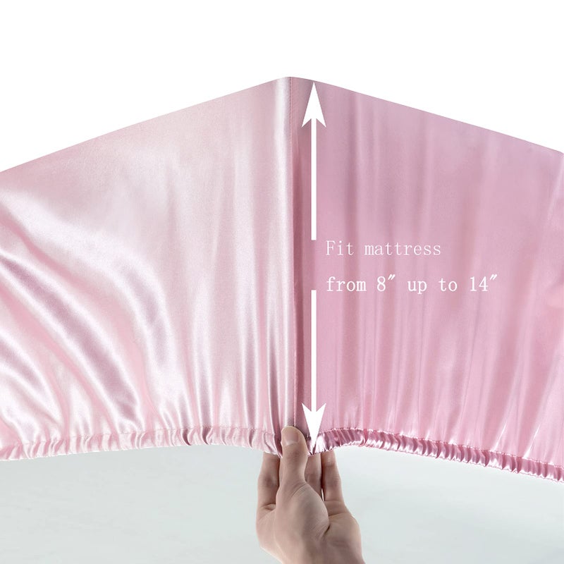 Luxbedding Satin Fitted Sheet  King Fitted Sheet Only  1 - Piece Ultra Soft Deep Pocket Single Silk Bottom Bed Sheet King - Pink  - Image 4