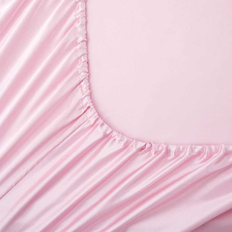 Luxbedding Satin Fitted Sheet  King Fitted Sheet Only  1 - Piece Ultra Soft Deep Pocket Single Silk Bottom Bed Sheet King - Pink  - Image 3