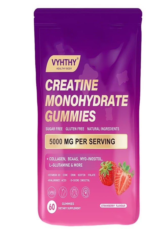 VYHTHY Creatine Monohydrate Gummies – with Collagen, BCAAs, L-Glutamine, Biotin, Zinc, Vitamin D3 & Hyaluronic Acid – Daily Pre & Post Workout Recovery, Sugar-Free (60 Gummies) - Image 1