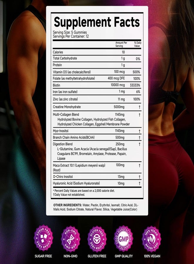 VYHTHY Creatine Monohydrate Gummies – with Collagen, BCAAs, L-Glutamine, Biotin, Zinc, Vitamin D3 & Hyaluronic Acid – Daily Pre & Post Workout Recovery, Sugar-Free (60 Gummies) - Image 3