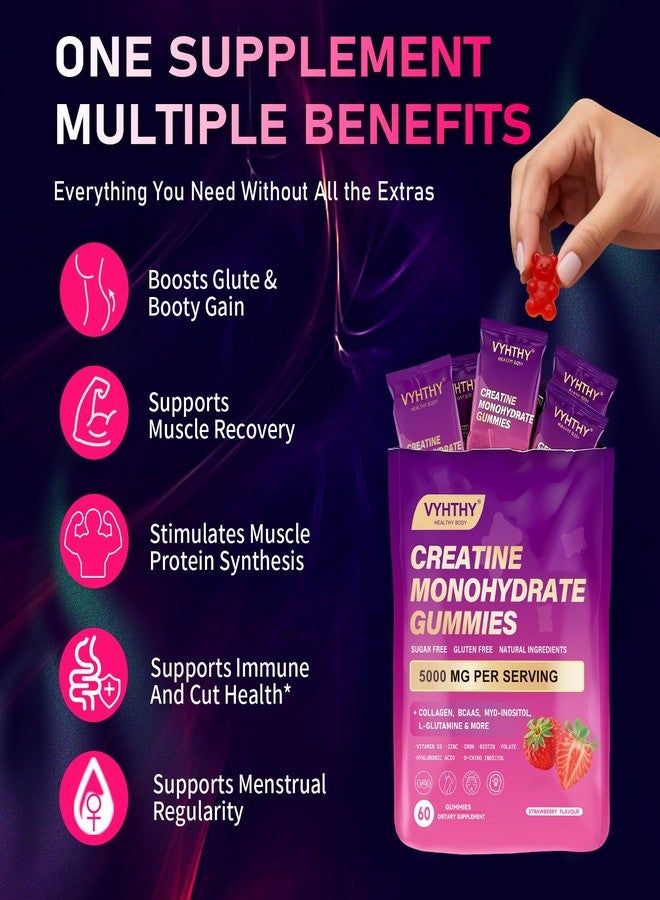 VYHTHY Creatine Monohydrate Gummies – with Collagen, BCAAs, L-Glutamine, Biotin, Zinc, Vitamin D3 & Hyaluronic Acid – Daily Pre & Post Workout Recovery, Sugar-Free (60 Gummies) - Image 4