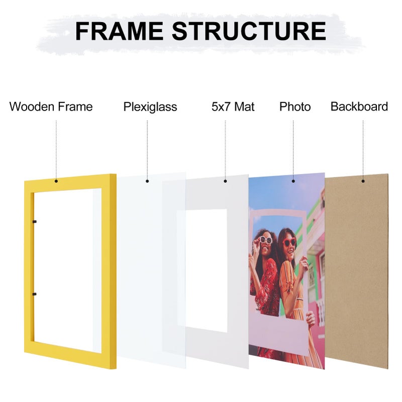 Vittanly 8x10 Picture Frame  Engineered Wood with Shatter Resistant Plexiglass  Display Pictures 5x7 with Mat or 8x10 without Mat  Photo Frame for Wall or Table Top Display  Yellow  1 Pack - Image 4