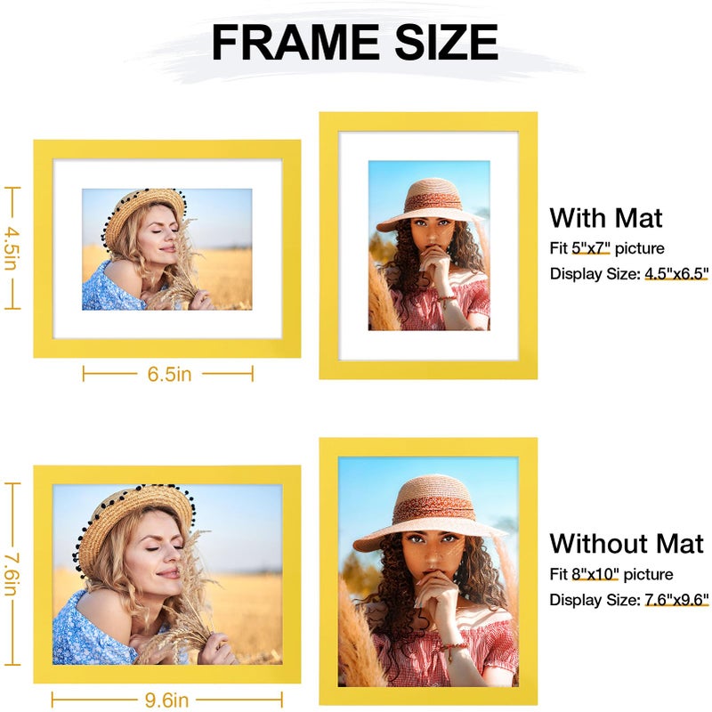 Vittanly 8x10 Picture Frame  Engineered Wood with Shatter Resistant Plexiglass  Display Pictures 5x7 with Mat or 8x10 without Mat  Photo Frame for Wall or Table Top Display  Yellow  1 Pack - Image 5
