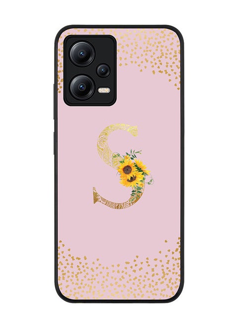 Rugged Black edge case for Poco X5 / Redmi Note 12 5G Slim fit Soft Case Flexible Rubber Edges Anti Drop TPU Gel Thin Cover - Custom Monogram Initial Floral Pattern Alphabet - S - Pink